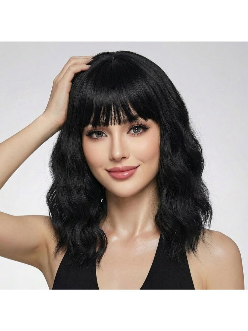 Women's Black 14 Inch Short Shoulder Length Synthetic Bangs Wavy Bob Wig